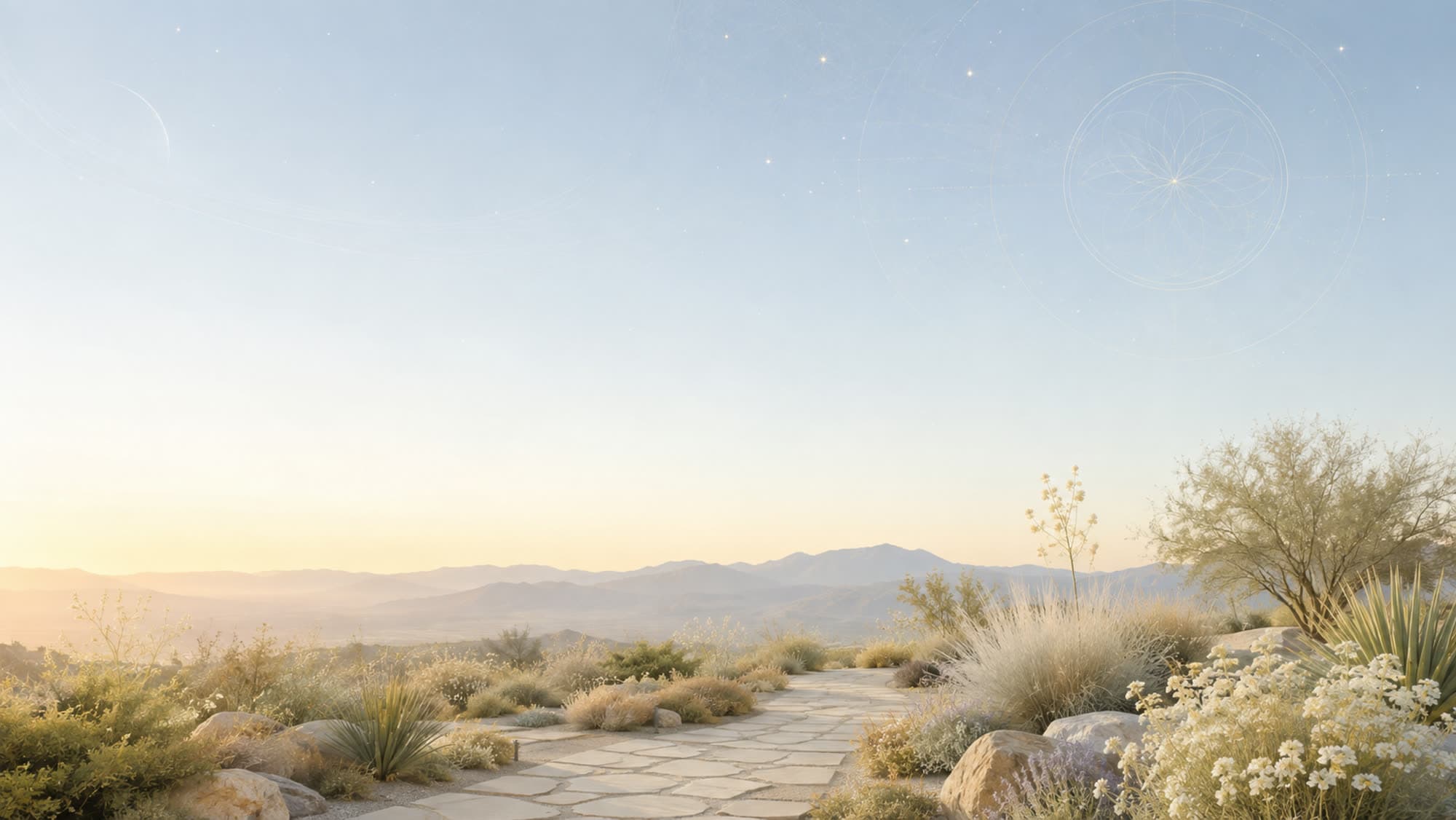 Illustration: eine weite Hochwüsten-Landschaft im ersten Morgenlicht, mit fernen Bergketten.