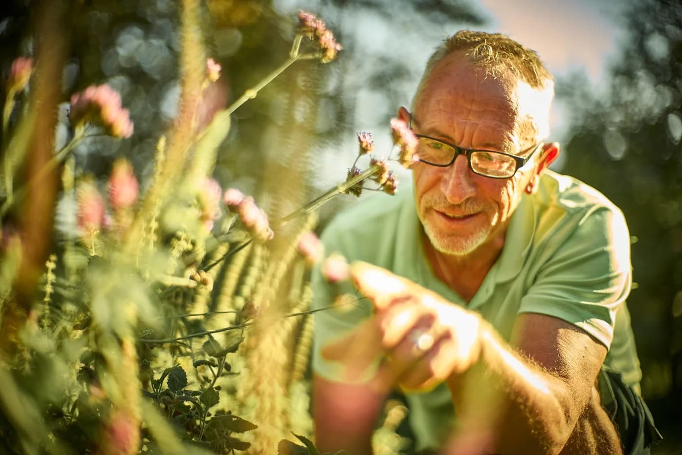 Oliver Hauck in einem Garten, in Gegenlicht, eine Blüte zwischen den Fingern.